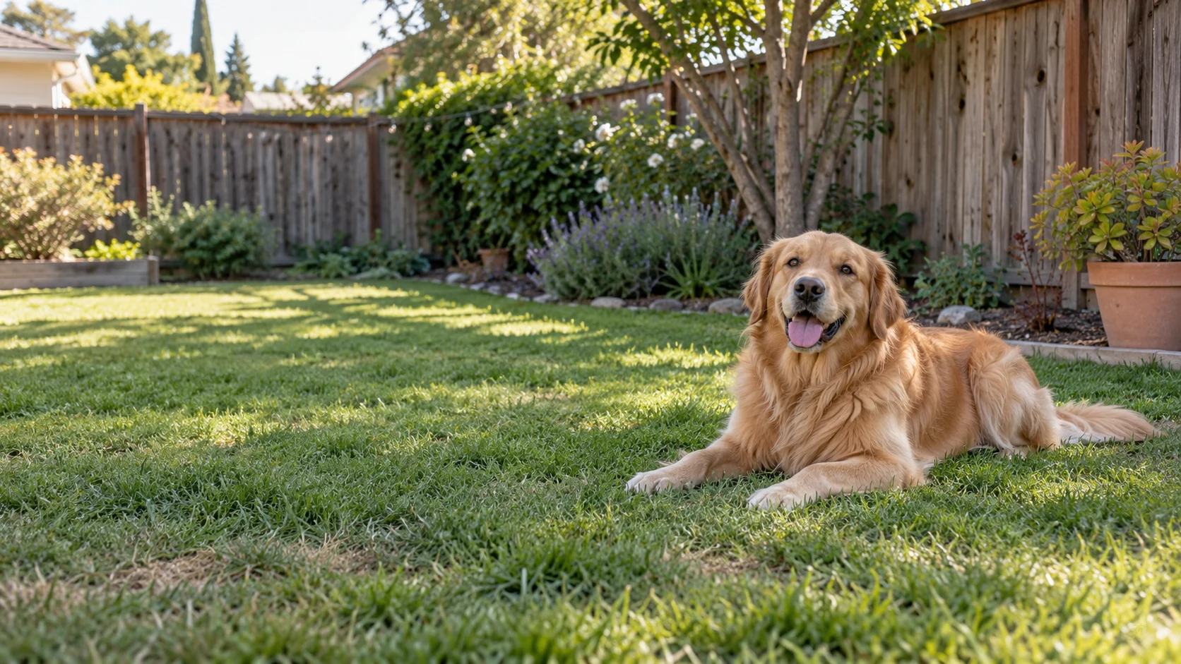 A happy golden retriever relaxing on a sunny backyard lawn